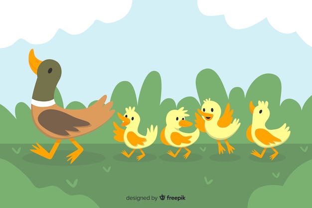 Download Flat mother duck with ducklings Vector | Free Download