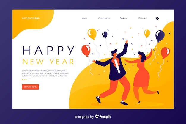 Flat new year landing page with people dancing Free Vector