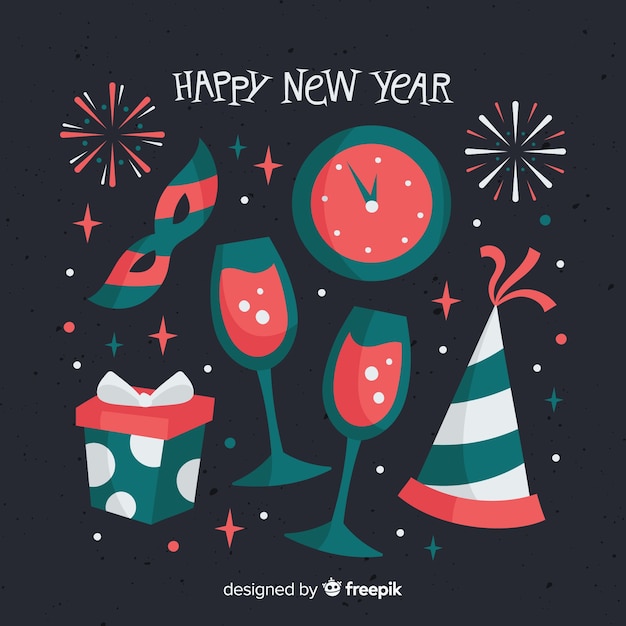 Flat new year party elements background Free Vector