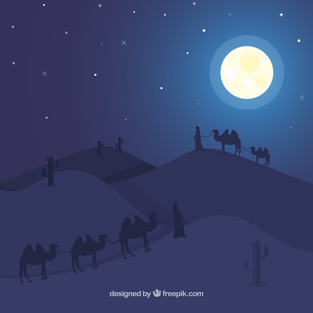 Flat night landscape with egyptian pyramids and\
caravan of camels