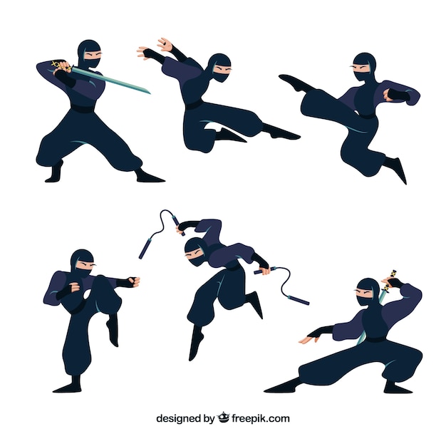 Flat ninja character collection in different
poses