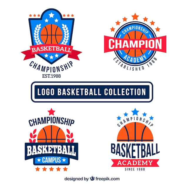 Download Flat pack of four colored basketball logos Vector | Free ...