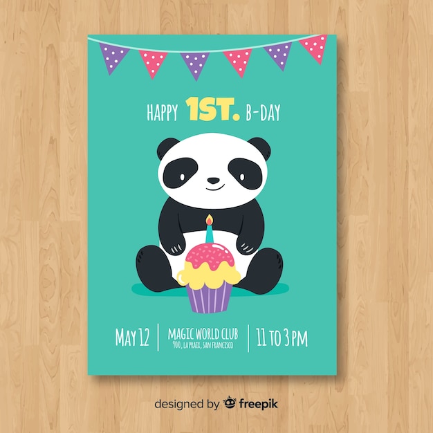 Download Flat panda first birthday card template Vector | Free Download