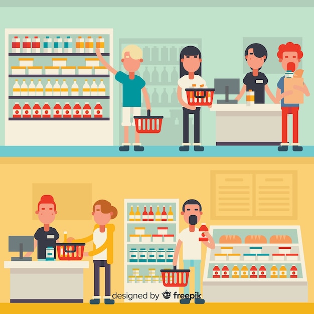 Flat people in the supermarket Free Vector