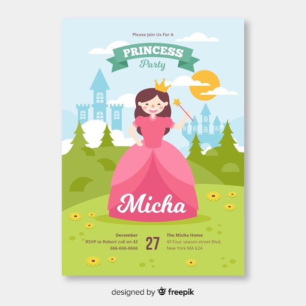 Download Flat princess party invitation template | Free Vector