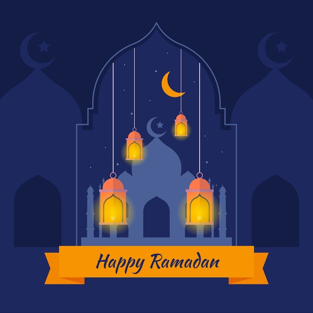 Free Vector | Flat ramadan with crescent moon and lamps