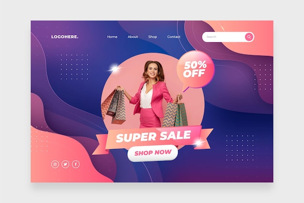 Free Vector | Flat sale landing page template with photo