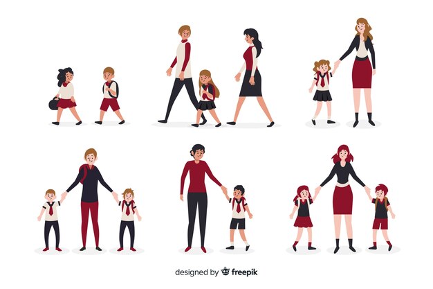 Flat school children with parents Free Vector