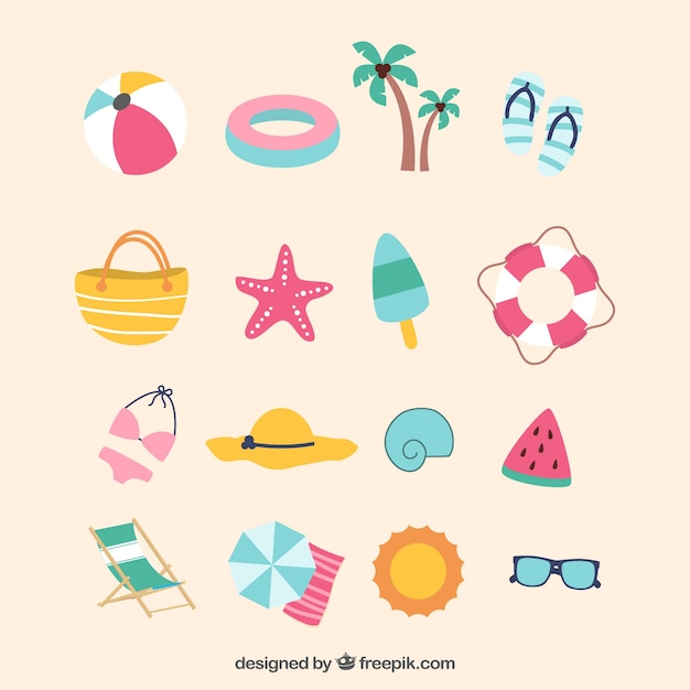Flat selection of colored summer objects Free Vector