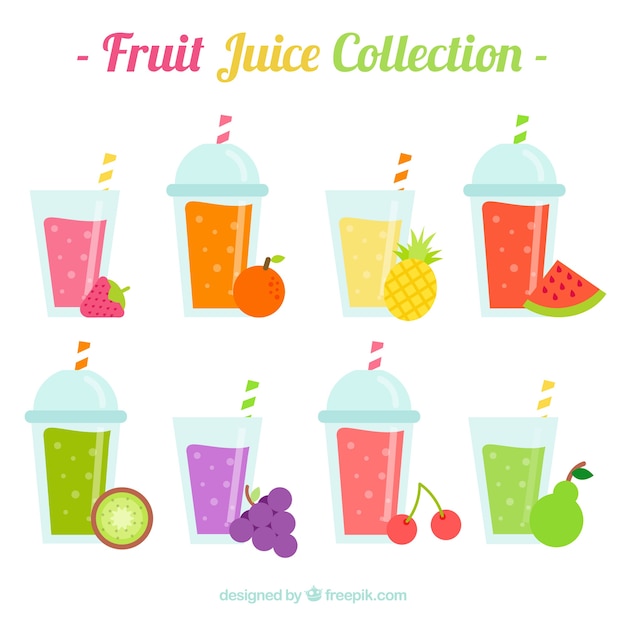 Flat selection of eight tasty fruit\
juices