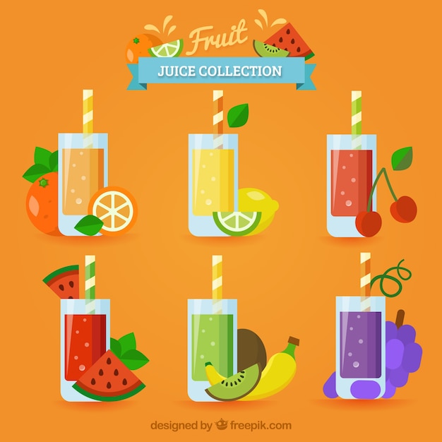 Flat selection of six delicious fruit\
juices