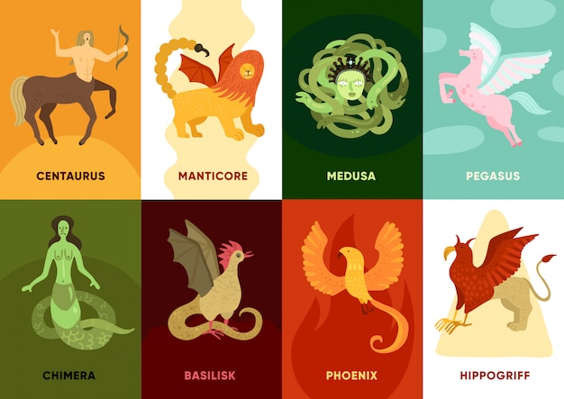 Flat set of cards with various ancient mythological creatures | Free Vector