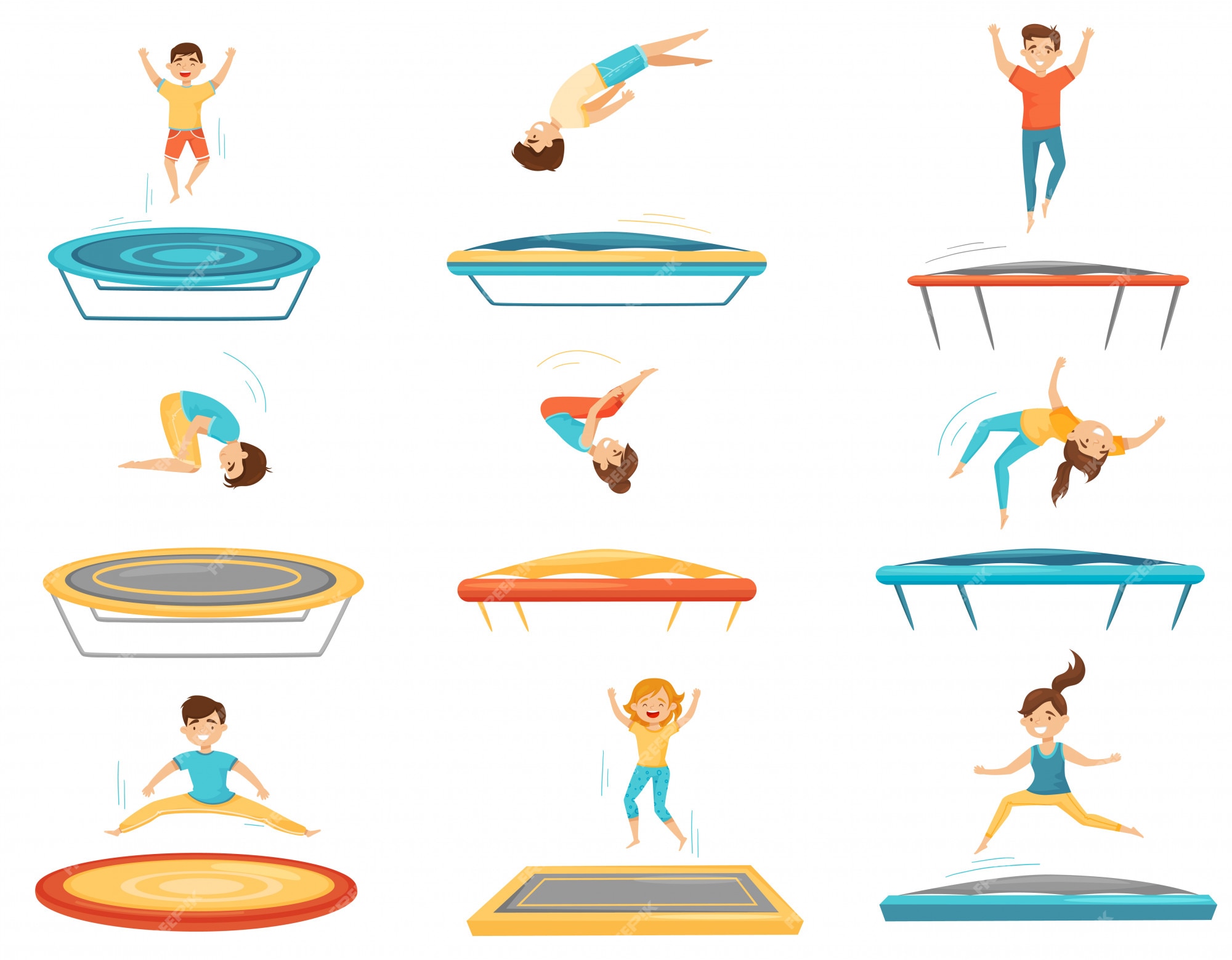 Premium Vector | Flat set of kids jumping on trampolines. happy boys ...