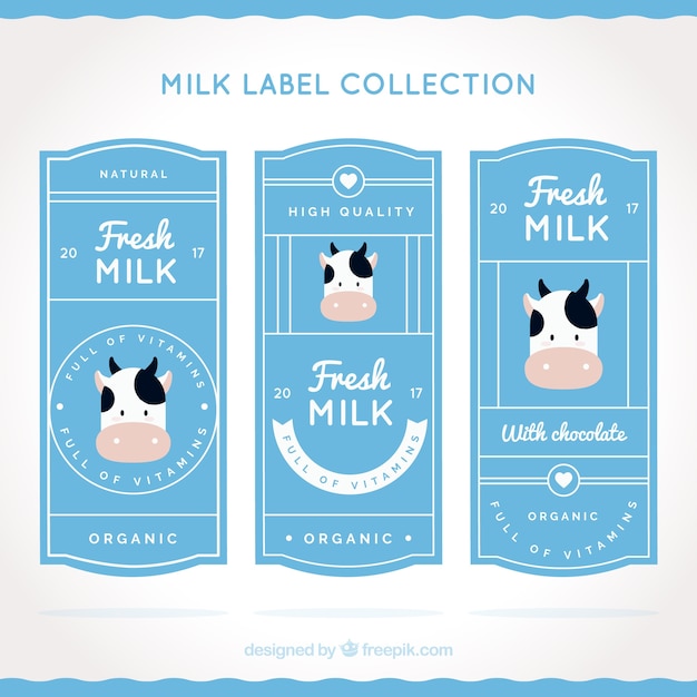 Flat Set Of Milk Labels With Decorative Cow Free Vector