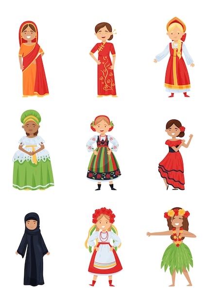 別の民族衣装のかわいい女の子のフラットセット さまざまな国の伝統的な服を着た子供たちの笑顔 プレミアムベクター