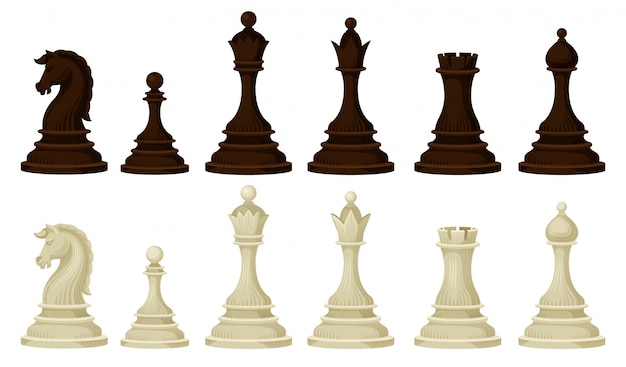 木製のチェスの駒のフラットセット 戦略的なボードゲームのブラウンとベージュのフィギュア プレミアムベクター