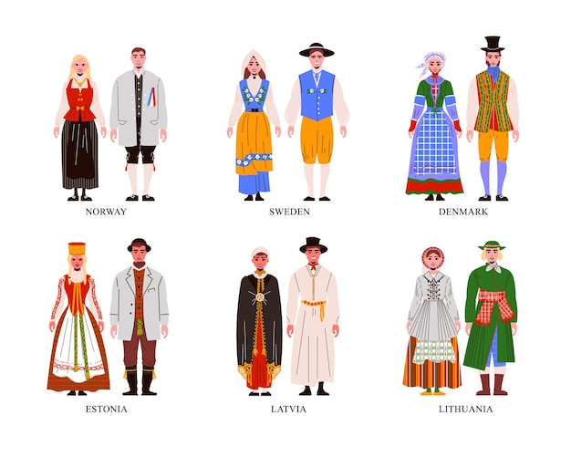 分離された異なるヨーロッパの民族衣装を着ている女性と男性とフラットセット プレミアムベクター