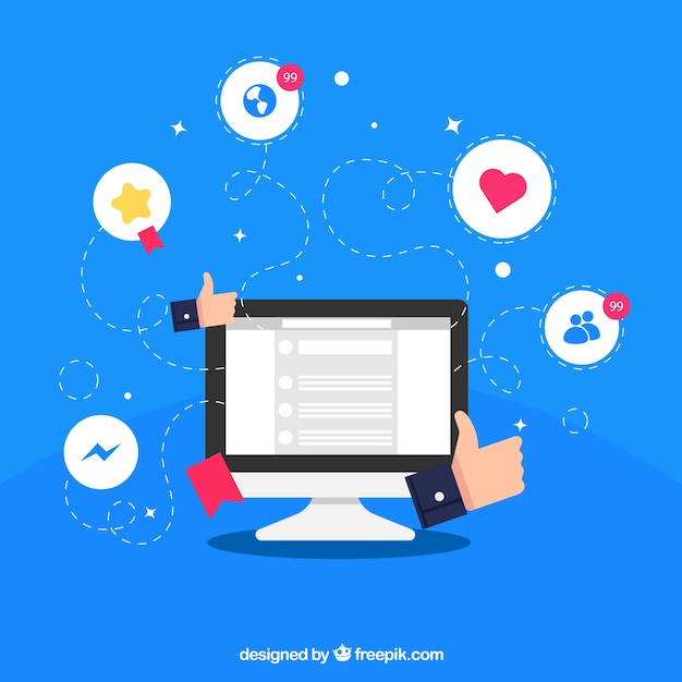 Flat social media background with computer Free Vector Flat social media background with computer Free Vector