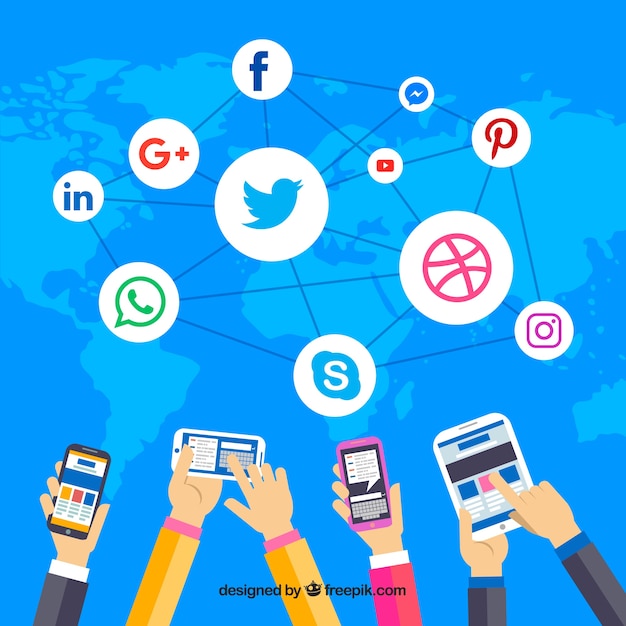 Flat social media background with mobile phone Free Vector
