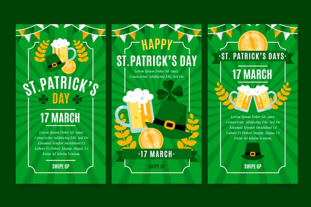 Flat st. patrick's day instagram stories collection Free Vector