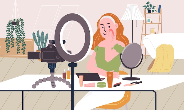 Premium Vector Flat Style Illustration Of Cartoon Woman Character Recording Video While Put On Make Up In Living Room Concept Of Broadcast Video Make Up Tutorial Live Streaming Beauty Blogger Vlog