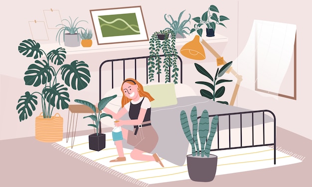 Flat Style Illustration Of Cartoon Woman Character Taking Care Of House Plant In Bedroom Daily 