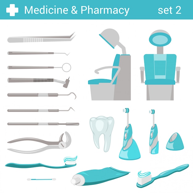 フラットスタイル医療歯科病院機器イラストセット プレミアムベクター