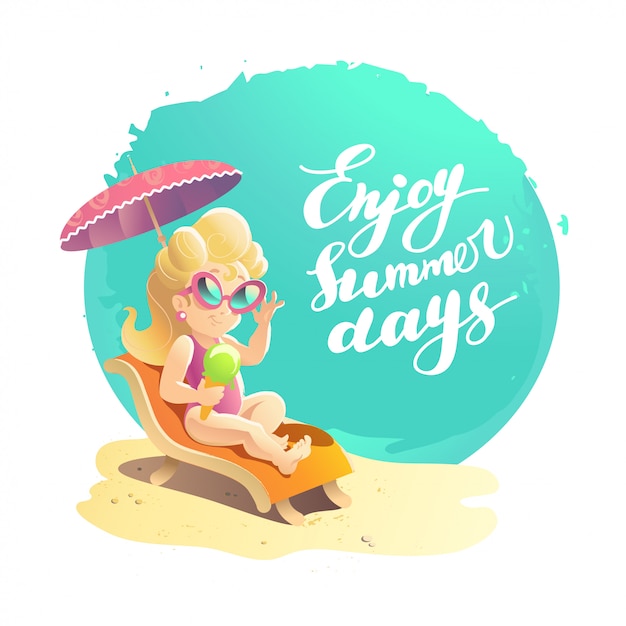 プレミアムベクター フラット夏漫画イラスト 海の海岸 砂 空 傘の下で日光浴のサンベッドに座っているサングラスのかわいい笑顔少女