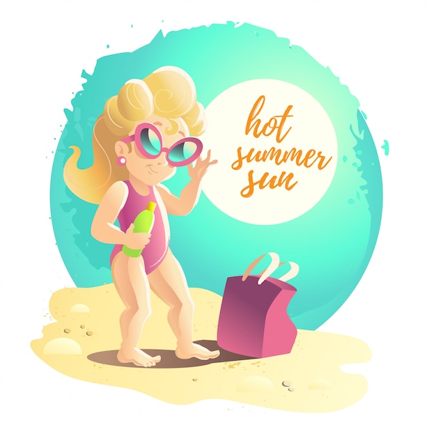 フラット夏漫画イラスト 海の海岸 砂 空 砂の上に立っているサングラスで若いかわいい笑顔の女の子 プレミアムベクター