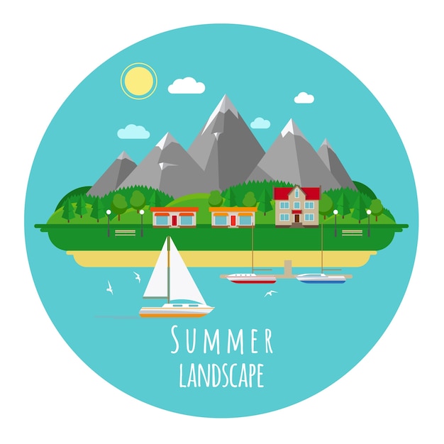 山と海の平らな夏の風景イラスト 家と町 暑くて暑い 無料のベクター