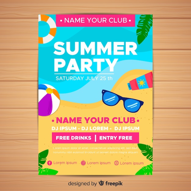 Flat summer party poster template | Free Vector