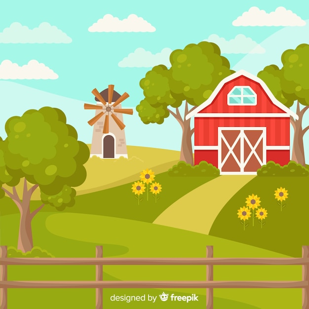 Free Vector | Flat sunny farm landscape background