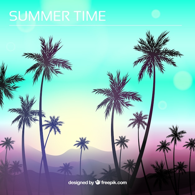 Flat sunset background with palm trees