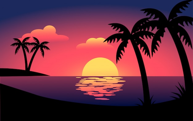 Premium Vector | Flat sunset beach landscape with palm trees