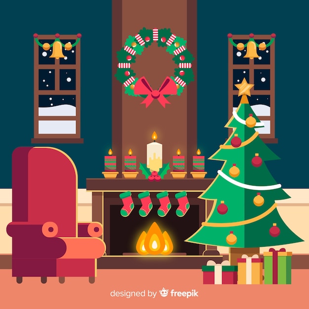 Free Vector | Flat tree christmas fireplace scene