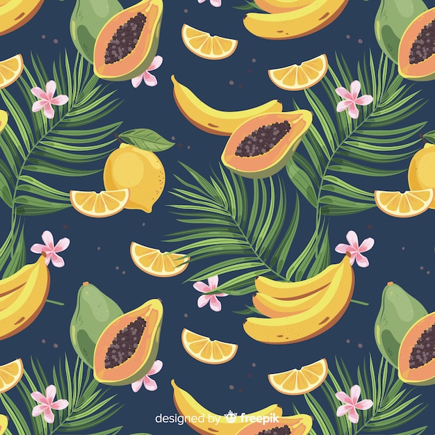 Flat tropical fruits and palms pattern Free Vector