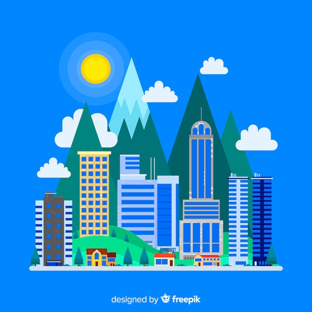 Flat urban landscape with office buildings | Free Vector