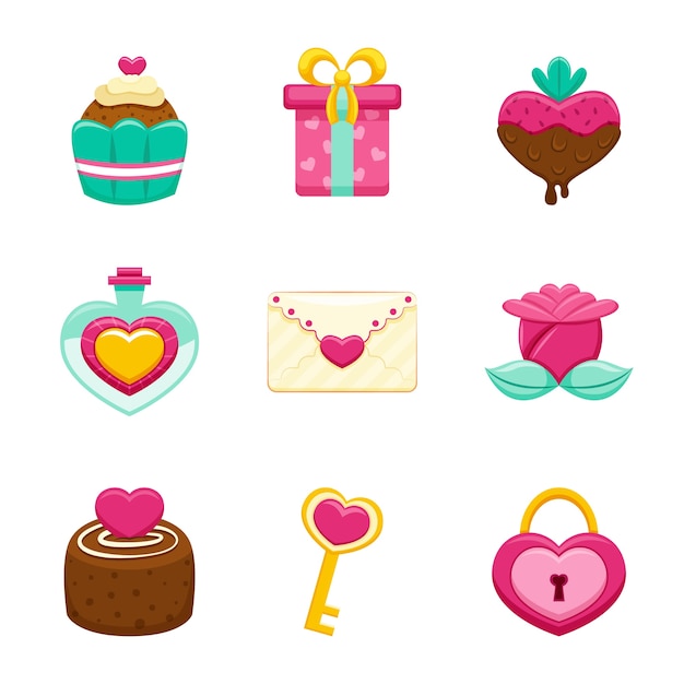 Flat valentine's day element collection Free Vector