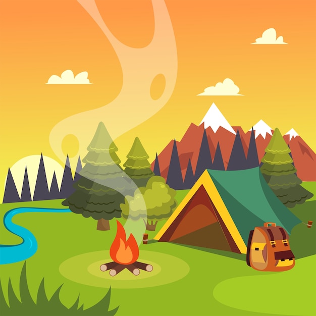 Premium Vector | Flat vector illustration of a camping landscape with a ...