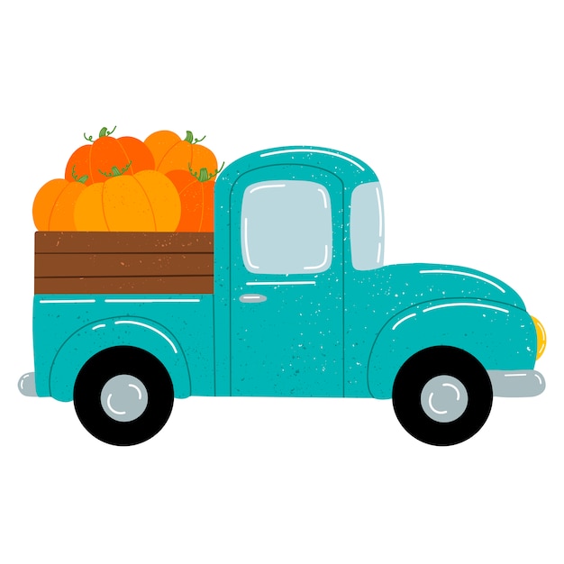 Premium Vector Flat Vector Illustration Of A Cute Cartoon Green Car Pickup Truck With Orange Pumpkins