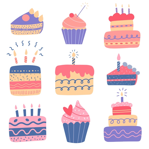 かわいい漫画の誕生日ケーキとキャンドルの色の落書きスタイルのカップケーキの平らなベクトルイラスト プレミアムベクター
