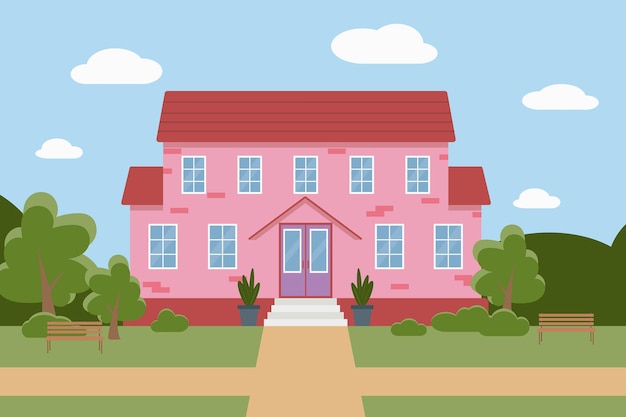 Premium Vector | Flat vector illustration of a pink house with trees ...