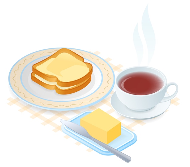 Flat vector isometric illustration of plate with slices of bread and butter, teacup. Premium Vector