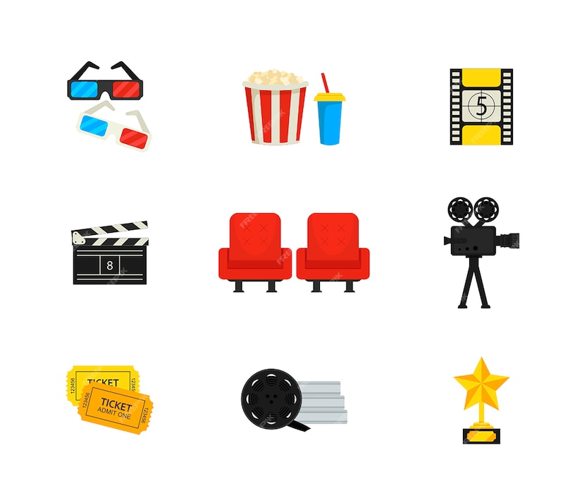 Premium Vector | Flat vector set of movie theater and cinema icons.