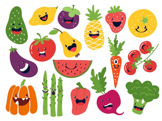 フラット野菜キャラクター 面白いスマイリー落書き果物 手描き下ろしベリージャガイモタマネギトマトリンゴ かわいいフルーツ絵文字セット プレミアムベクター