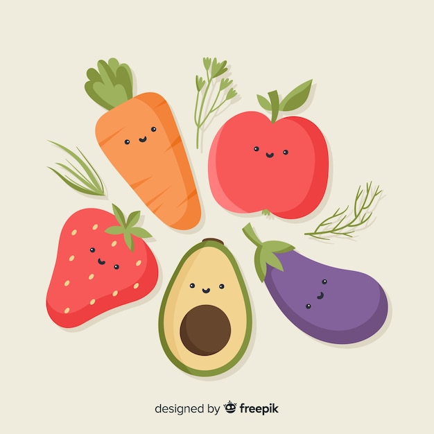 Flat vegetable and fruits background Free Vector