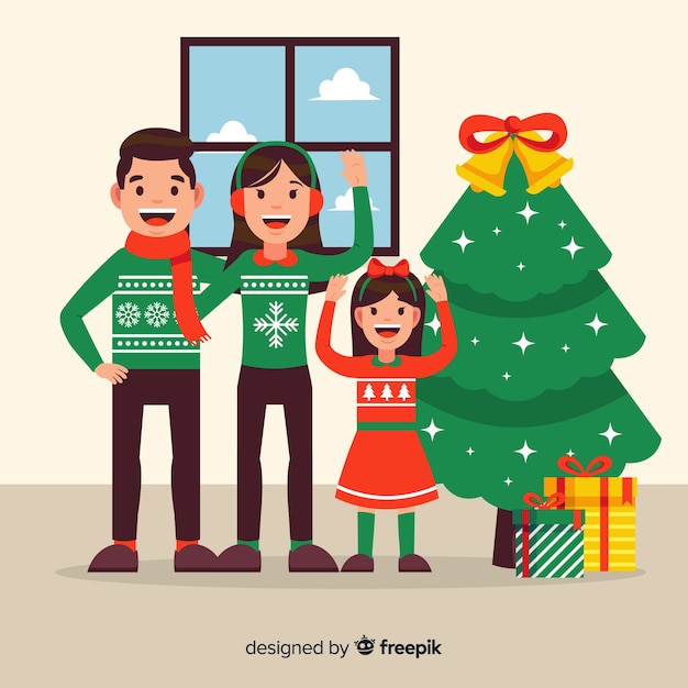 Download Flat waving family inside christmas background Vector ...