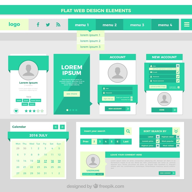 Download Flat web design elements in green color | Free Vector