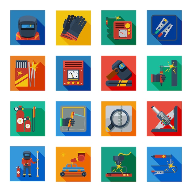Flat welding icons in colorful squares Free Vector