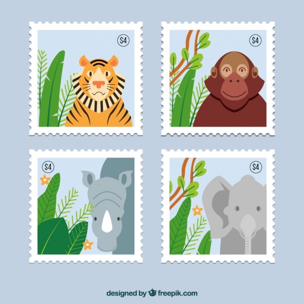 Flat wild animal stamps